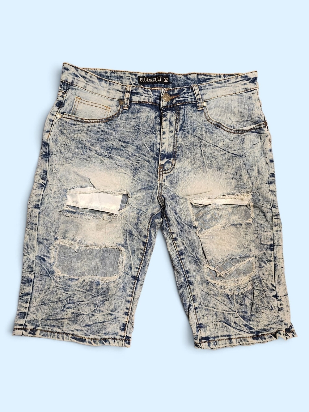 Blue Cult Men’s Acid Wash Distressed Denim Shorts - Light Blue